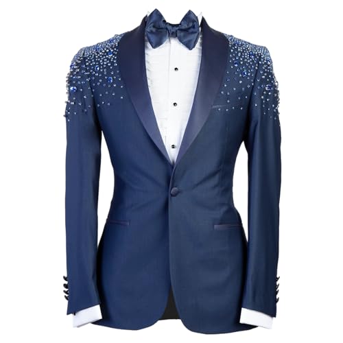 Mens Luxury Handmade Rhinestone Tuxedo Blazer Slim Fit Shawl Lapel Dinner Beaded Jacket for Party Prom Wedding