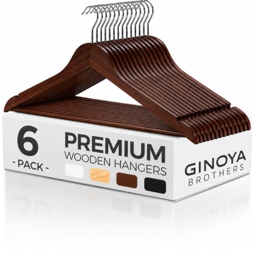 Image of GINOYA BROTHERS Walnut Wooden Suit Hangers 24 Pack with Non Slip Pants Bar - Smooth Finish Solid Wood Coat Hanger for Camisole, Jacket, Pant, Dress Clothes Hangers (Walnut: 6)