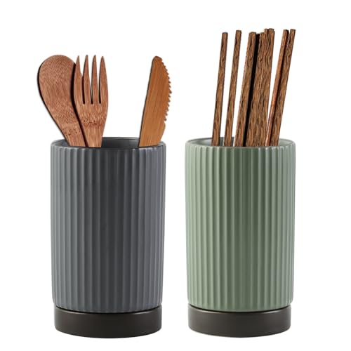 ELECTRO-WEIDEWORLD 箸立て おしゃれ 陶器製 箸スタンド 箸水切り お箸・スプーン・フォーク収納 キッチン箸立て ツール立て キッチン カトラリー スタンド 食器 調理器具 キッチン収納 (2個セットD(緑+灰色))
