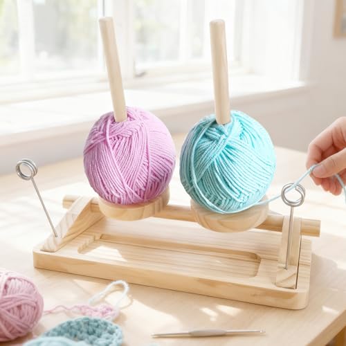 Image of Viredelo Wooden Yarn Holder, Natural Wood Color | Dual Axis Rotating Mechanism, For Crocheting and Knitting, Yarn Spinner, Crochet Gift for Knitting Lovers