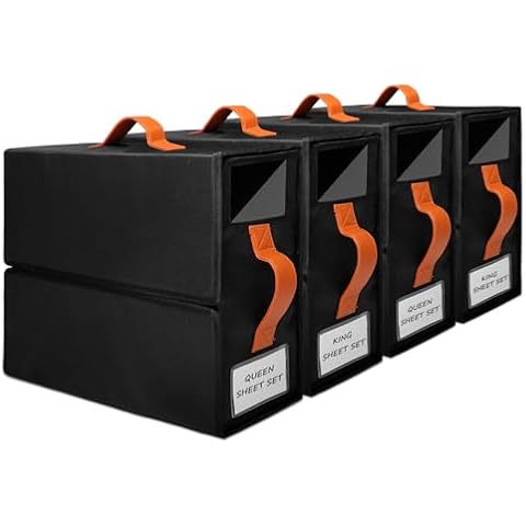 SIYNPAV 4 Pack Bed Sheet Organizers and Storage XL (Queen or King Size), Foldable Sheet Organizer for Linen Closet with Zipper, Label, Handle, Bedding Box for Bedsheets, Duvet Covers, Pillow (Black) Cover