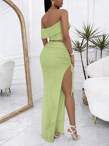Image of Sexy 2 Piece Maxi Skirt Sets for Women Off Shoulder Crop Top Bodycon High Slit Skirt Beach Dresses Summer Outfits