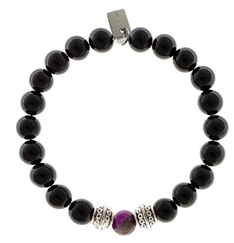 Natural Black Onyx Gemstone Tibetan Bead Sugilite Center Stone Stretch Bracelet - Size 8 Inch () - EvaDane 1_ONY_S_T_S-SUG_8