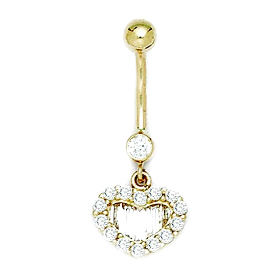 Bauchnabelring aus 14 Karat Gelbgold, Zirkonia, künstlicher Diamant, 14 Gauge, baumelnder Liebesherz, Körperschmuck, Maße: 31 x 13 mm, Schmuckgeschenk für Frauen, Metall, Zirkonia