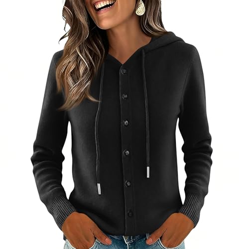 Image of Ladies Hooded Knitted Jumper Cardigan Button Front Drawstring Long Sleeve Ribbed Cuff Hoodie Sweater Soft Hooded Jacket for Women UK Casual Everyday Layering Top M Black