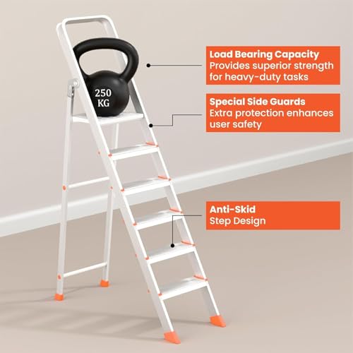 Image of 6 Step Foldable Aluminum Step Ladder with Anti-Slip Steps & Rubber Feet | Heavy-Duty Portable Ladder for Home, Kitchen, Office & Indoor Use (6 Step)