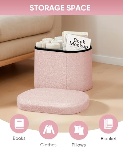 Image of B FSOBEIIALEO Storage Ottoman for Dorm Room, Boucle Folding Storage Ottoman Foot Rest, 16.14 Inches Small Collapsible Ottoman Cube for Living Room Pink