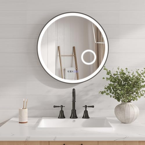 AQUABATOS Bathroom Mirror with Lighting Round Black Matt 60 cm LED Makeup Mirror Clock Cosmetic Mirror Wall Mirror Bathroom Mirror Light Mirror Dimmable Touch Wall Switch Cool White Aluminium Frame