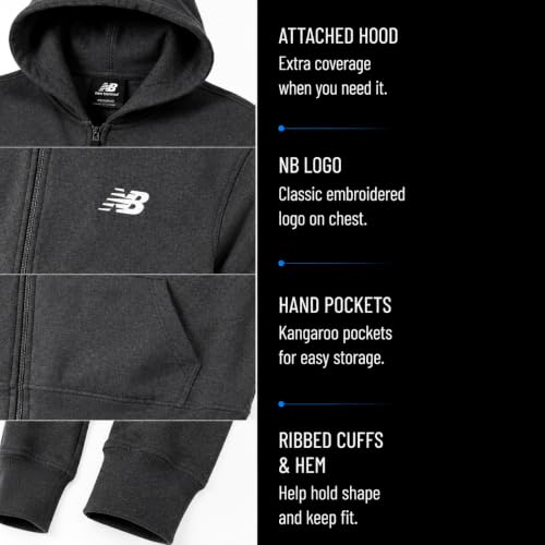 Image of New Balance Boys Zip Up Warm Fleece Hoodie Sweatshirt, Activewear 8-20 | Ribbed Cuffs & Kangaroo Pockets, Full Zip Front Closure, Durable Layer for School, Sports & Weekend Outings