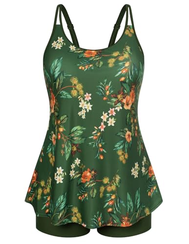 Hanna Nikole Damen Tankini Bauchweg Übergröße Zweiteilig Badeanzüge Elegant Dunkelgrüne Rote Blume 52 1
