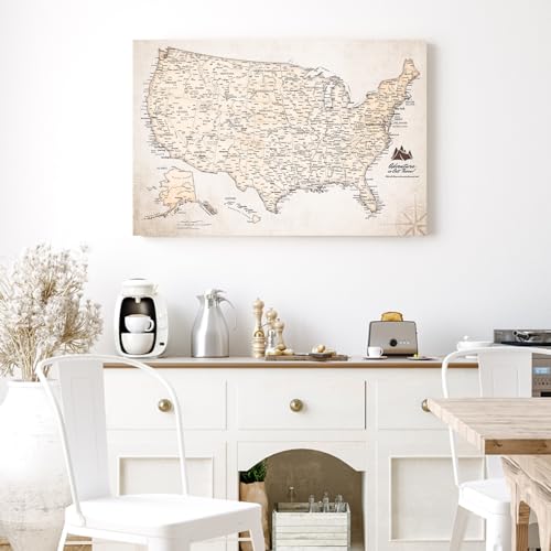Image of IPIC - Vintage USA Map Pin Board Canvas Wall Art, Travel Map with Pins Included, Ready to Hang for Home or Office 24x16 Inch