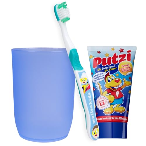 wellsakids Zahnpflegeset 3-teilig für Kinder Set mit blau-transparentem Becher, Putzi Zahnpasta und Kinderzahnbürste, Zahnputzset von wellsamed