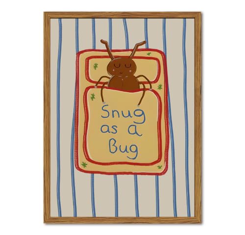 Framed Snug as a Bug Wall Art, Nursery Funny Bug Sleeping Wall Decor Paintings, Blue Striped Cute Insect Pictures Canvas Prints for Living Room Boy Girl Baby Kids Room 12x16 inch