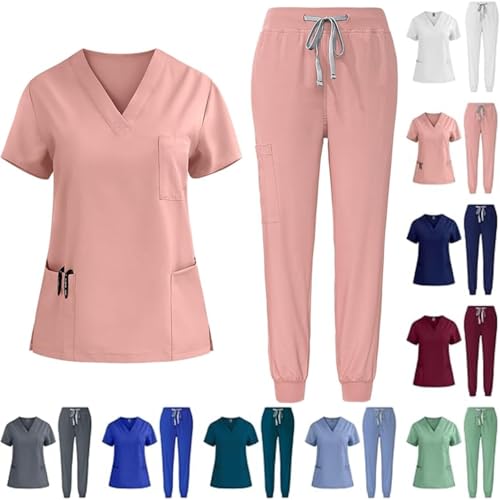 LIKEOULI Scrubs for Women Set Stretch V-Neck Scrub Tops Jogger Pant Nursing Uniforms Scrubs Sets Breathable Casual Outfits