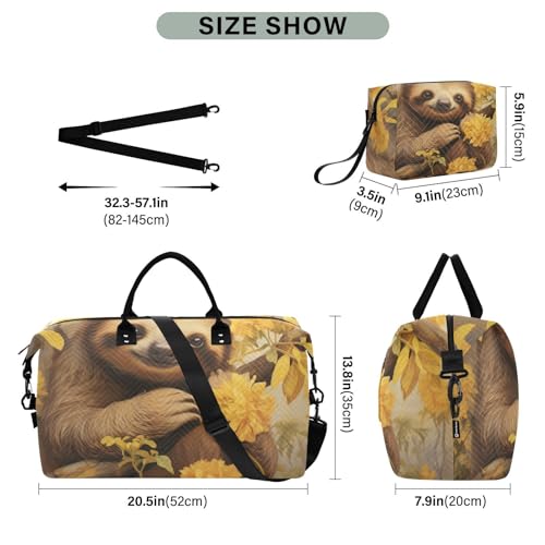 Large Travel Duffel Bag, Yellow Flower Sloth Sports Tote Gym Bag, Shoulder Weekender Overnight Bag for Women Men, Carry On Luggage with Toiletry Bags3