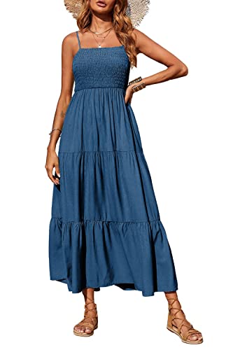 PRETTYGARDEN Women's Summer Maxi Dress Casual Boho Sleeveless Spaghetti Strap Smocked Tiered Long Beach Sun Dresses Dark Blue