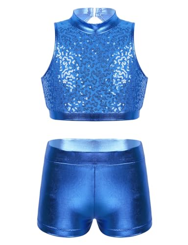 Kids Girls 2 Piece Gymnastics Dance Outfits Shiny Sequins Crop Top with Workout Bottoms Set