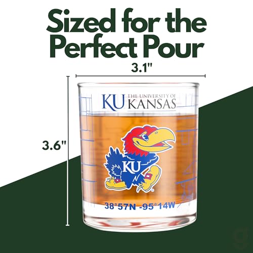 Image of Greenline Goods University of Kansas Jayhawks Whiskey Glasses Set of 2, 10 oz Rocks Glasses with Full-Color Logo & Campus Map - Officially Licensed Bourbon Glass Gift for Alumni & Fans