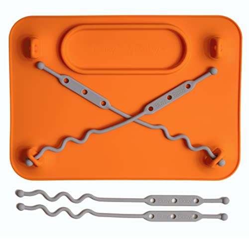 Image of Busy Baby Silicone Placemat - Built-in Suction Cups - 4 Toy Tethers for Babies Toddlers and Kids - Food Grade Silicone - 8.5 x 11 in - Comes with Travel Sleeve - Dishwasher Safe - Orange