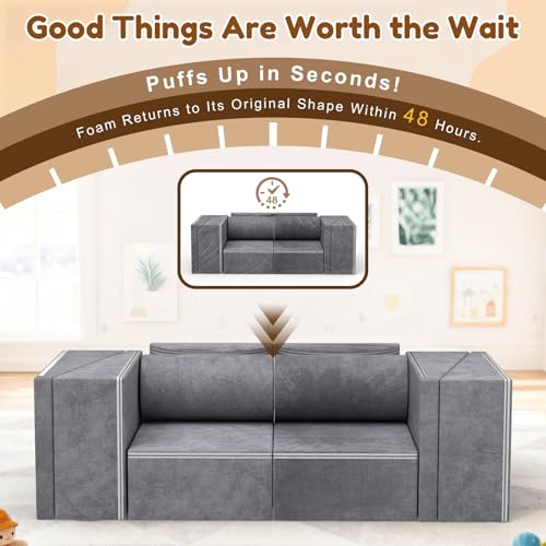 BIERUM Kids Couch, 12PCS Modular Kids Play Couch with Blanket, Toddler Couch for Playroom, Convertible Kids Foam Climbing Play Set, Imaginative Creative Play Sofa for Boys & Girls, Gray