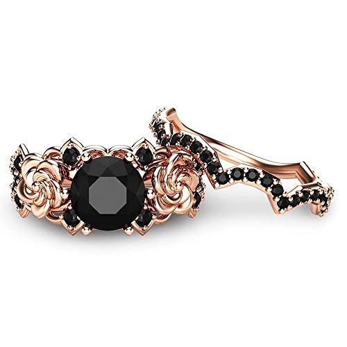 3.2 Ct Round Cut Onyx Black Diamonds Flower Design Bridal Wedding Ring Set, 925 Sterling Silver Rhodium Plated2