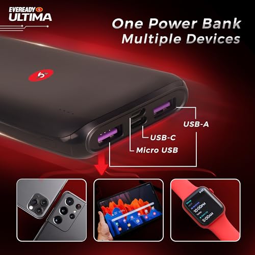 Image of Eveready Ultima Power Bank PB01,10,000mAh,22.5W Fast Charging PD & QC Compatible,Triple Output for iPhone,Android & Other Qi Enabled Devices,Universal Compatibility,Overcharging Protection,Black