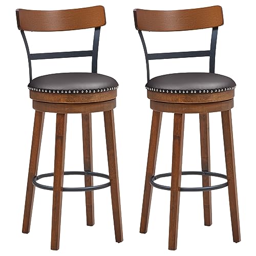 ERGOMASTER Bar Stools Set of 2 Swivel Bar Height Bar Stools for Kitchen Island, PU Leather Upholstered Barstools with Back & Solid Rubber Wood Legs & Metal Footrest, Seat Height 30.5 Inch, Brown
