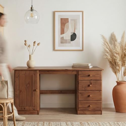 IDIMEX Bureau avec Rangement Manager L 145 cm en Bois Massif, Coloris Brun foncé, Bureau avec 4 tiroirs et 1 Porte battante, Un Large Plateau, Style Classique