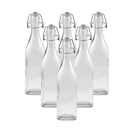 simpa Vintage Style Clear Glass Bottles with Swing Top Lids. Square 750ml Bottles - Set of 6