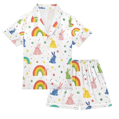 senya Cloorful Rabbit with Rainbow Satin Summer Pajama Sets Silk Short Sleeve Button Down Sleepwear