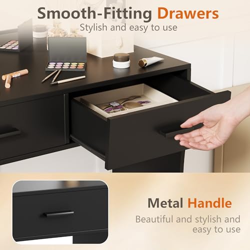 Image of YESHOMY Vanity Desk with Mirror, Power Outlet and 11 Lights, Makeup Table with 2 Drawers, 3 Color Modes Available for Bedroom, Ash Black