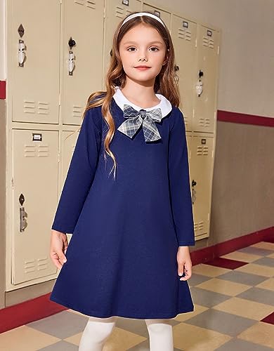 Image of Arshiner Girls Long Sleeve Vintage Peter Pan Collar T-Shirt Dress Age 4-13 Years