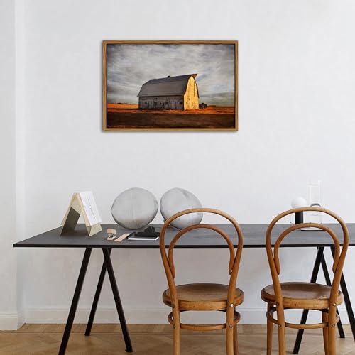 Image of Old Barn Canvas Wall Art Vintage Farmhouse Wall Decor Western Country Landscape Canvas Prints Sunset Farm Field Scenery Painting Neutral Rural Artwork for Living Room Bedroom Home Decorations 16x24 inch