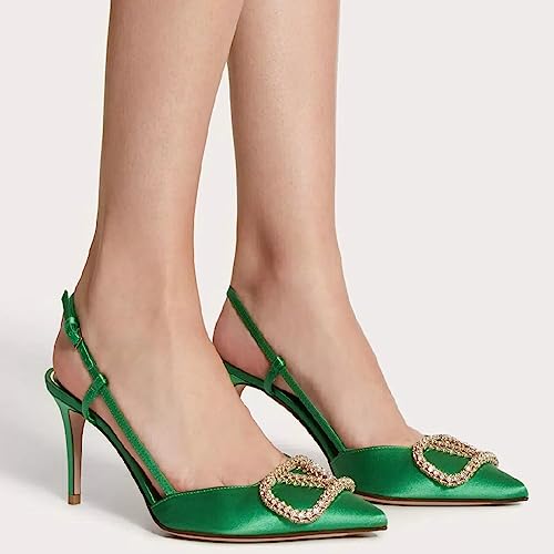 Image of Women Heeled Slingback Sandals V Buckle Closed Pointed Toe Stiletto High Heels Slip-On Backless Evening Prom Party Dress Shoes
