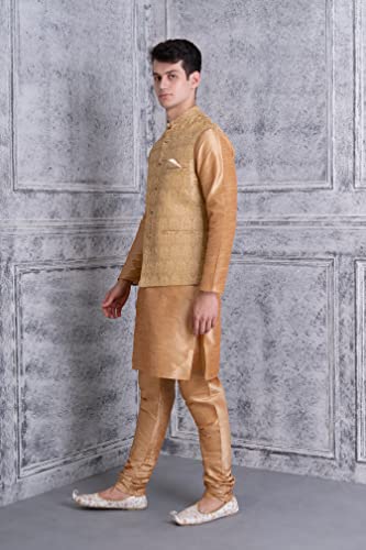 Image of Uri and MacKenzie Men's Silk Blend Regular Kurta Churidar Pyjama with Bundi Nehru Jacket /Waistcoat