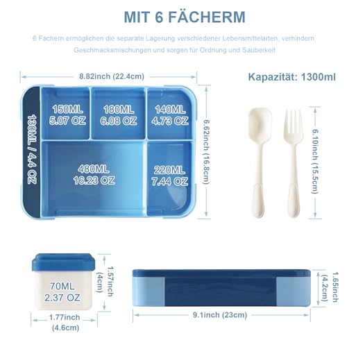 Brotdose Kinder mit Fächern - 1300ml Lunchbox Kinder Bento Box Auslaufsichere - Praktische Lunchbox mit Besteck - Brotdose Kindergarten mit Soßendose - Jausenbox Snackbox BPA frei(Blau)