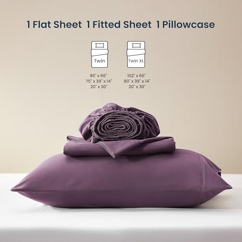 Image of SLEEP ZONE Nanotex Super Soft Cooling Twin Bed Sheets Set for Kids 3 Piece - Easy Care Fitted Flat Sheet & Pillowcase Sets - Wrinkle Free, Fade Resistant, Deep Pocket 16 inch (Purple, Twin)