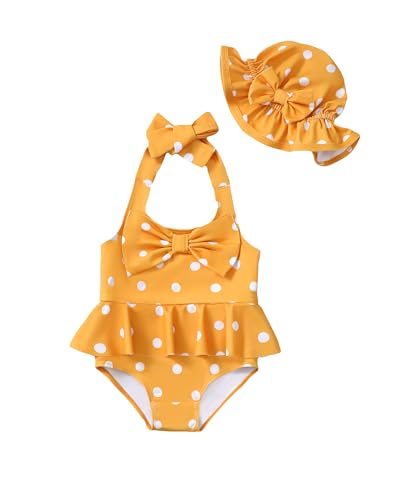 Kucnuzki Baby Girl Swimsuit Newborn One Piece Bathing Suit Bow Tie Bikini Tankini Infant Swimwear with Hat