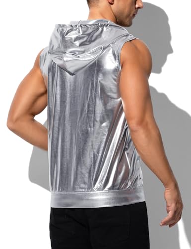 Arjen Kroos Men's Metallic Hoodie Vest Sequin Zip Up Sleeveless Rave Disco Shiny T Shirt with Pockets 6