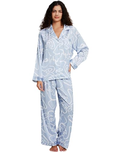 Image of YiNi LuLu Womens Silk Satin Pajamas Set Button Down 2 Piece Pjs Long Sleeve Oversized Sleepwear with Pockets