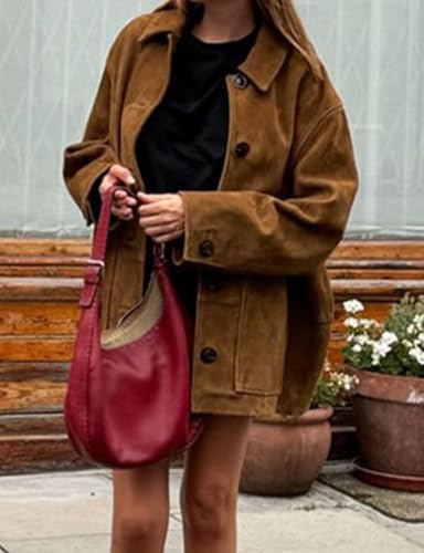 IDEALSANXUN Suede Jacket Women Fall Winter Casual Oversized Faux Leather Blazer Jackets Trench Coat Outerwear2