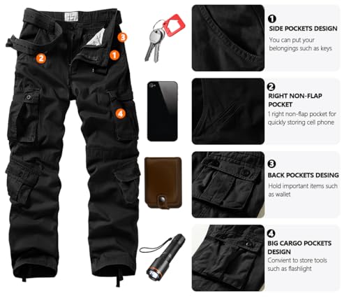 KOCTHOMY Cargo Pants for Men Cotton Camo Casual Pants Relaxed Fit Hiking Pants Men Work Pants with Multi-Pocket 3354 Black 384