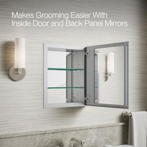 Kohler Frameless Bathroom Mirror Medicine Cabinet, 16 in x 20 in | CB-CLR1620FS, Single Door, Rectangular Beveled Edge Frame, Adjustable Shelves for Storage