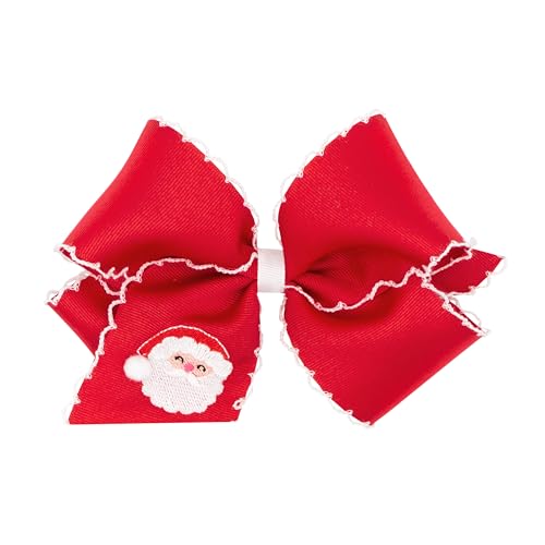 Wee Ones Girls Grosgrain Hair bow with Moonstitch Edge and Santa Claus Holiday-themed Embroidery, Red Santa, King