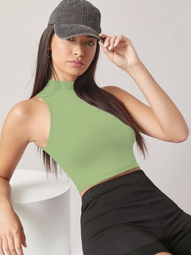 Image of Sugathari Women's & Girls' Solid Ribbed High Neck Sleeveless Crop Tops for Women (Top 37)