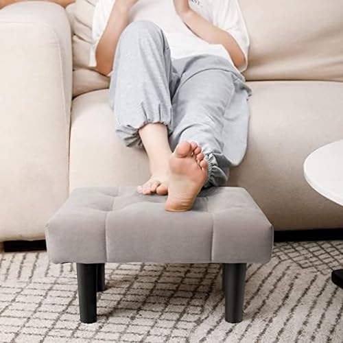 Image of Small Velvet Soft Foot Rest Footstool Ottoman with 4 Wooden Legs, Additional Seating Sofa Footrest for Living Room Entryway Set of 2 Grey
