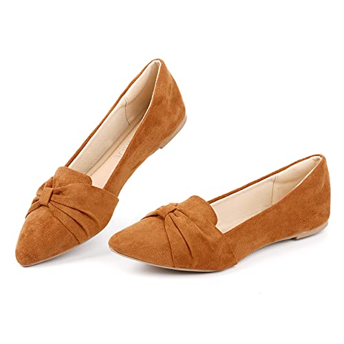 MUSSHOE Ballet Flats for Women Comfortable Women's Flats Memory Foam Slip on Pointed Toe Flats Shoes Women,Tan Knot 8