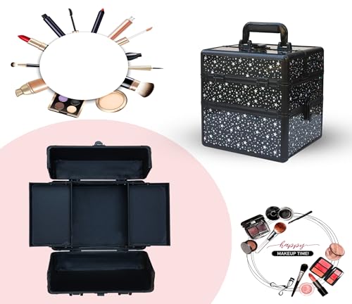 Image of Adson Professional Makeup Box Cosmetics Case Jewelry Organiser Vanity Make Up Storage Box Beauty Train Case Lockable with Keys (Black & Rose Gold)
