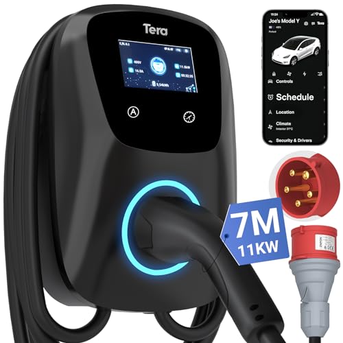 Tera Smart EV Ladegerät Typ 2 Wallbox mit APP 11kW 16A 400V CE&TÜV mit Wlan & Bluetooth 7m Ladekabel mit Ladegerätehalter Heim Wallbox CEE 3-Phasen Stecker für EVs & PHEV W01 Schwarz
