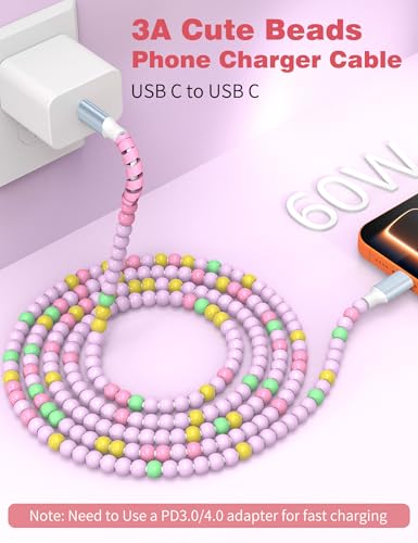 Image of USB C to USB C Cable 6FT,60W Beaded Charger Cord Fast Charging for iPhone 17 16 15 Pro Max /iPad Pro Air 11th for Samsung S26 S25 S24 Ultra S23 A16 /Android Phone Charger Cord Cute Girl Women,Pink-Green